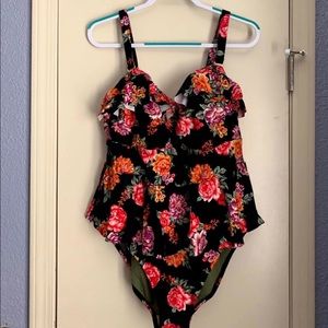 Black Floral Peplum One Piece Swimsuit